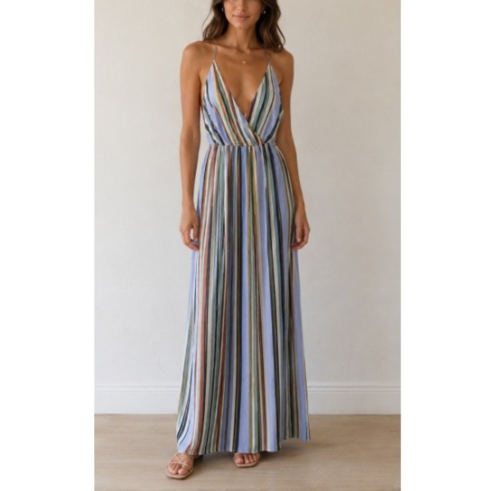 Jealous Tomato Women's Multi Color Striped V-Neck Open Back Maxi Dress Size‎ L